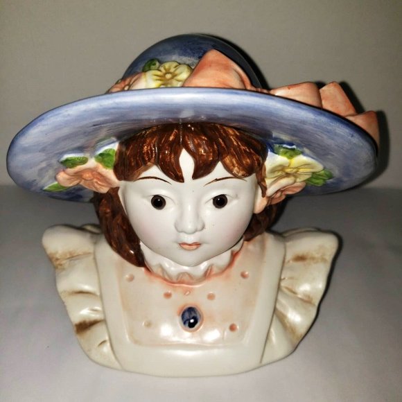 Vintage Takahashi Glass Eyed Girl Cookie Jar Country Doll Flower Basket … - Picture 6 of 13